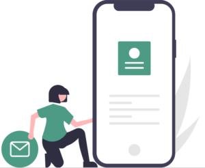 Contact Illustration showing a person holding a mail icon and a big mobile device with a form